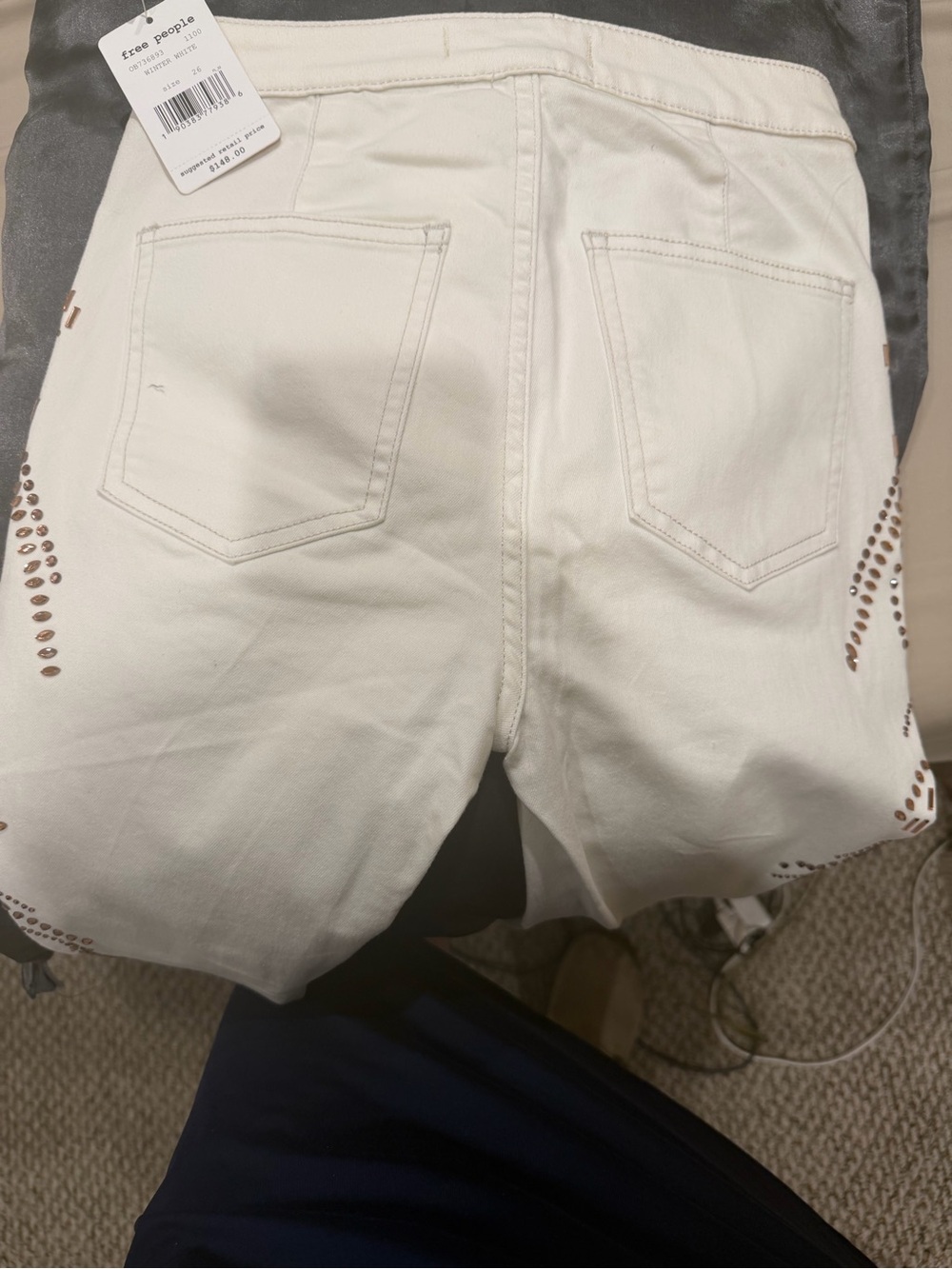 Free People White Flared Pants with Brown Stud Detailing - Picture 4 of 5